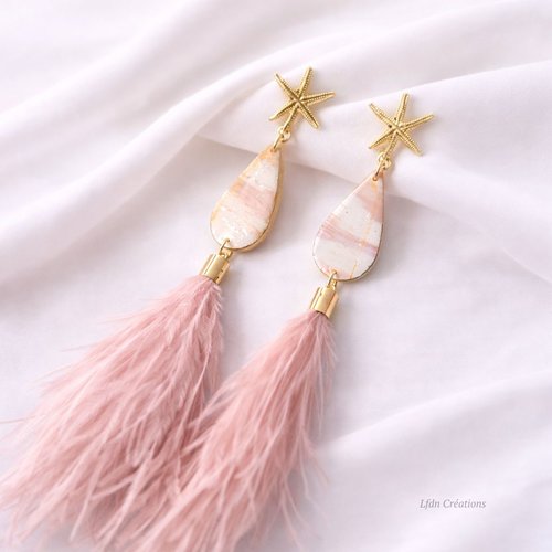 Boucles d'oreille goutte rose et plumes elegance