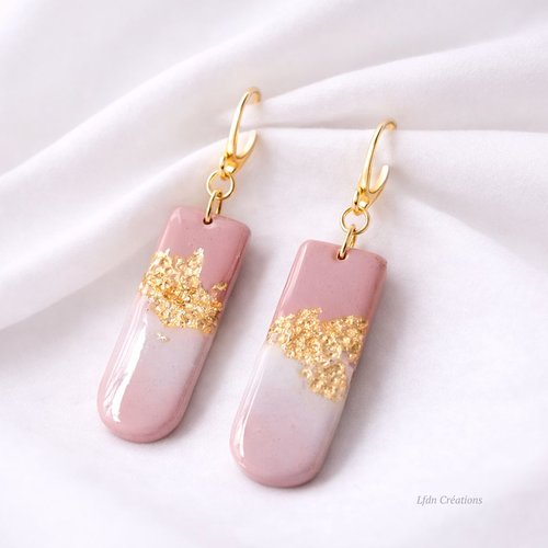 Boucles d'oreille longues polymère rose et or elegance