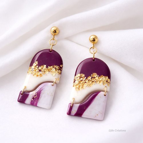 Boucles d'oreille modernes polymère violet blanc et or elegance purple