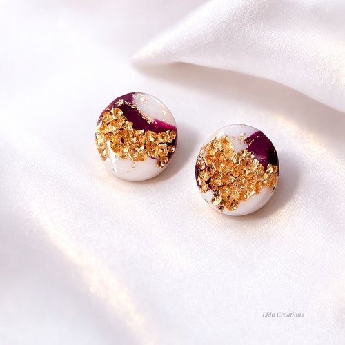 Boucles d'oreille polymère rondes violet blanc et or elegance purple