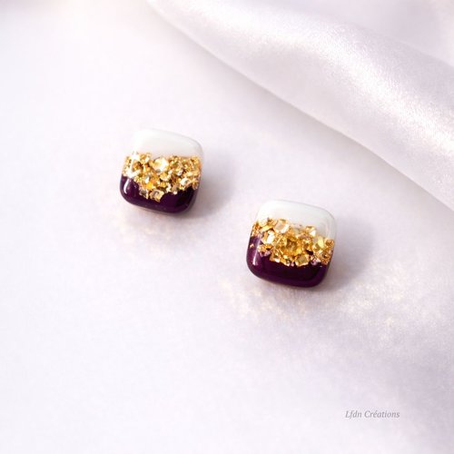 Boucles d'oreille puces carrées polymère violet blanc et or elegance purple
