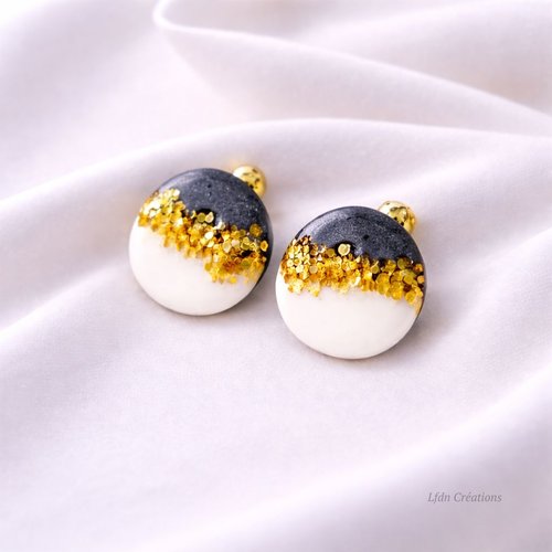 Boucles d'oreille rondes polymère noir blanc et or elegance noire