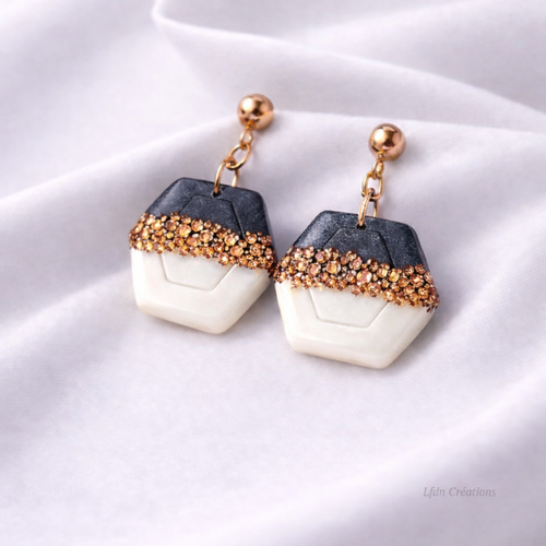 Boucles d'oreille polymère losange noir blanc et or elegance noire
