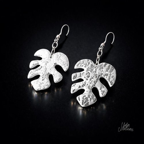 Boucles d'oreille forme feuille argile polymère blanc & argent white silver