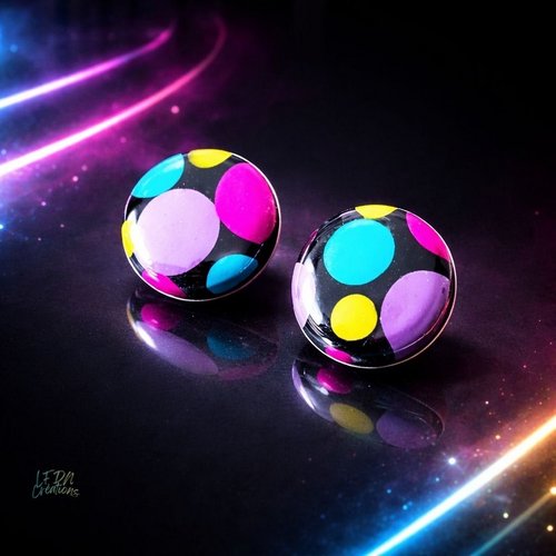 Boucles d'oreille puces rondes graphiques multicolores en argile polymère bubble