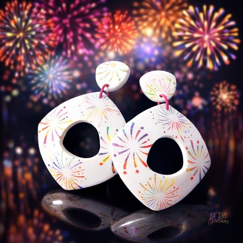 Boucles d'oreille carrées fiesta multicolore en argile polymère et résine