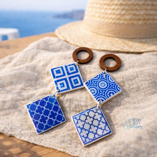 Boucles d'oreilles carrelages santorin, boucles d'oreille été, bohème