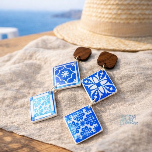 Boucles d'oreille carreaux carrelage santorin, boucles d'oreille été, bohème