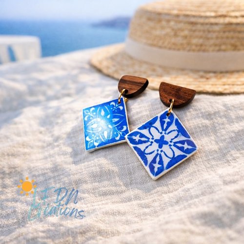 Boucles d'oreille carreaux carrelage santorin, boucles d'oreille bohème