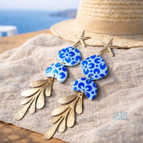 Boucles d'oreille bohème bleu santorin, boucles d'oreille été bleu