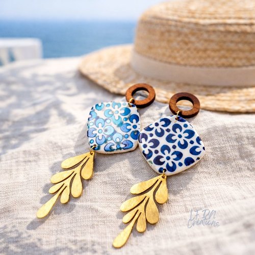 Boucles d'oreille bohème bleu santorin, boucles d'oreille été bleu