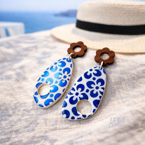 Boucles d'oreille bohème bleu santorin, boucles d'oreille été bleu