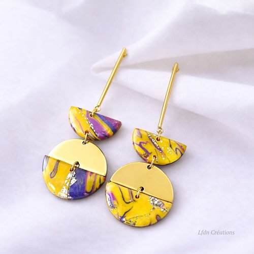Boucles d'oreille mokume gane polymère et résine purple yellow