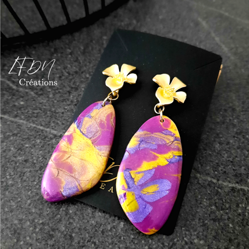 Boucles d'oreille mokume gane polymère et résine effet ailes papillon purple yellow