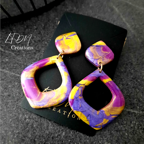Boucles d'oreille mokume gane forme goutte multicolore purple yellow