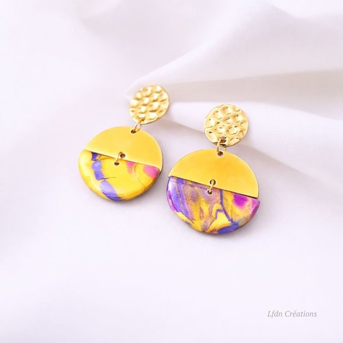 Boucle d'oreille mokume gane demi lunes multicolore summervibes