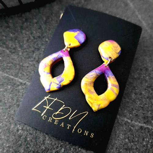Boucles d'oreille mokume gane polymère et résine effet aile papillon purple yellow