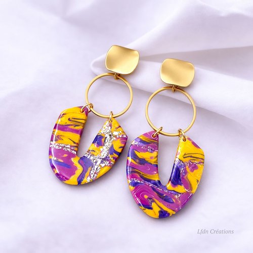 Boucles d'oreille moderne polymère et résine multicolore purple yellow