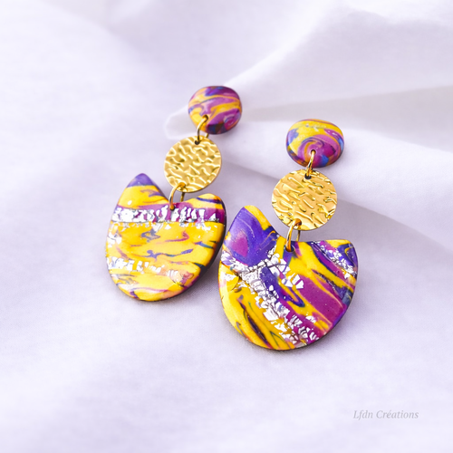Boucles d'oreille graphique polymère et résine multicolore purple yellow