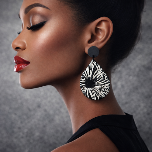Boucles d'oreille forme goutte en relief polymère noir et blanc monochrome