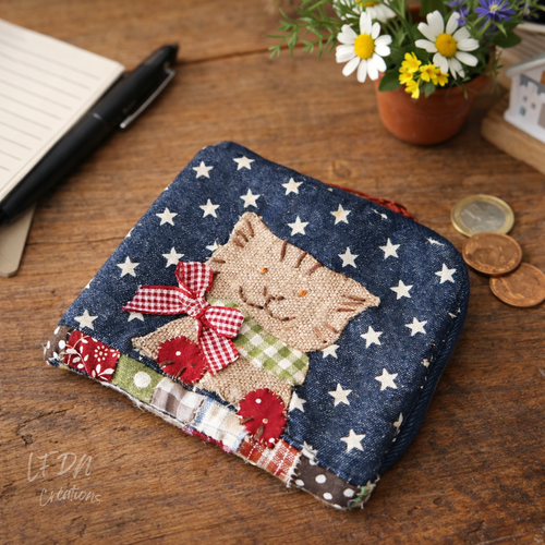 Porte-monnaie en tissu patchwork modèle chat