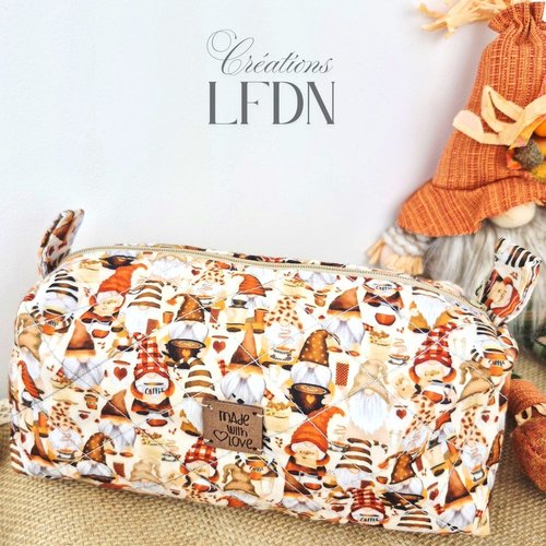 Trousse de toilette matelassée imprimé gnomes d'automne - fait main