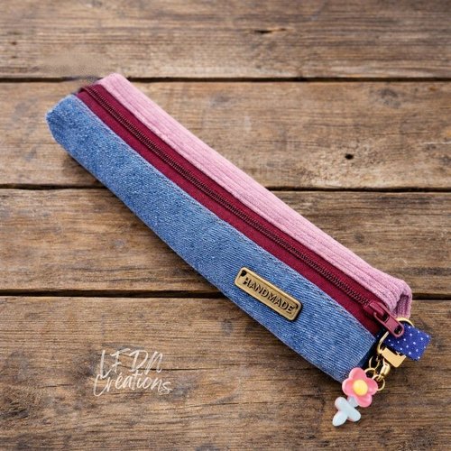 Trousse scolaire enfant fait main en jean et velours – trousse à crayons résistante – accessoire rentrée durable et original