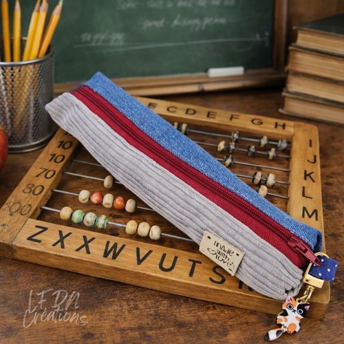 Trousse d’école enfant fait main – trousse à crayons en jean et velours – accessoire scolaire résistant et original