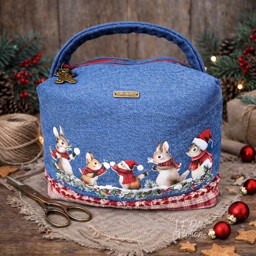 Vanity trousse de toilette fait main en jean – pochette maquillage femme carreaux noël – sac de toilette voyage élégant et pratique