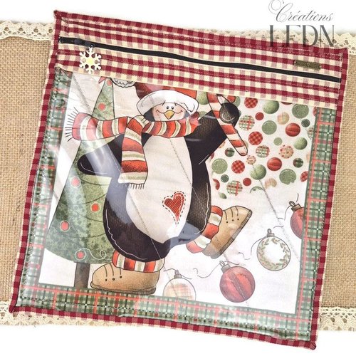 Pochette organiseur de couture motif pingouin noël