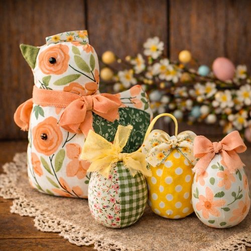 Poule décorative en tissu et ses 3 œufs – décoration de pâques fait main