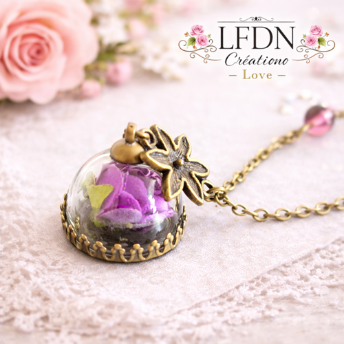 Collier fleur en verre fait main – collier demi-cloche romantique – bijou artisanal pièce unique femme