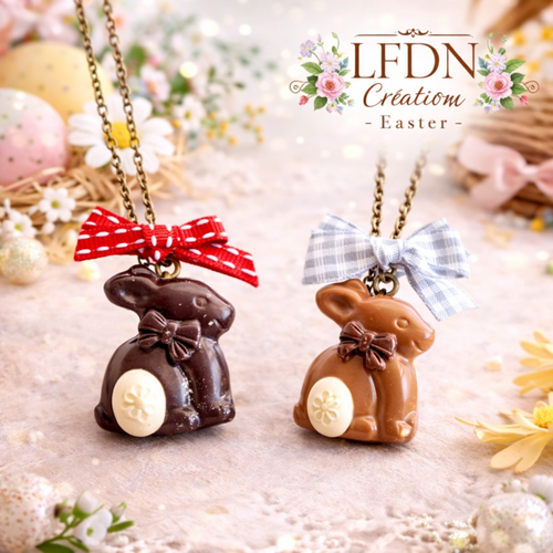 Collier lapin chocolat pâques fait main – collier gourmand pâte polymère – bijou artisanal original femme