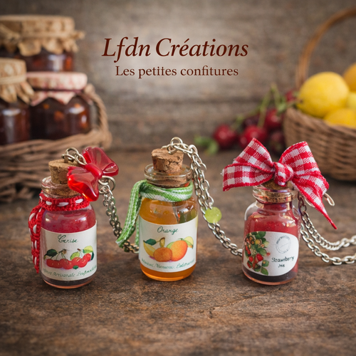 Colliers fioles confiture miniatures – cerise, orange, fraise - destock