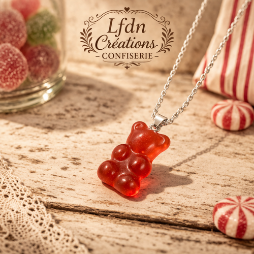 Collier ourson bonbon rouge en résine - destock