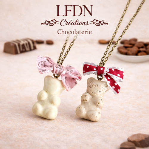 Collier ourson chocolat blanc ou praliné en pâte polymère - destock