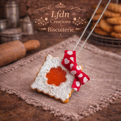 Collier biscuit confiture – bijou gourmand en pâte polymère destock