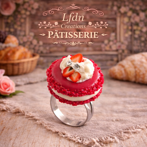 Bague macaron fraise chantilly strass - destock
