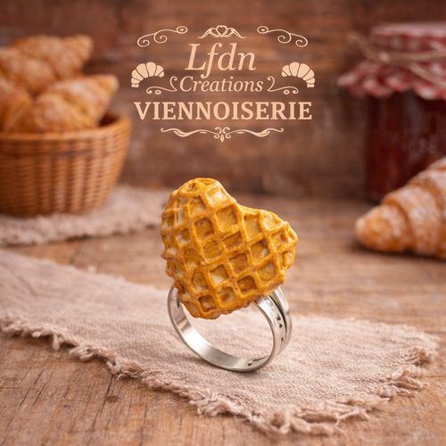 Bague gaufre cœur – bijou gourmand en pâte polymère - destock