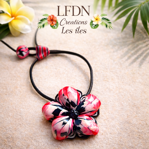 Collier fleur hibiscus moderne en pâte polymère – création artisanale unique