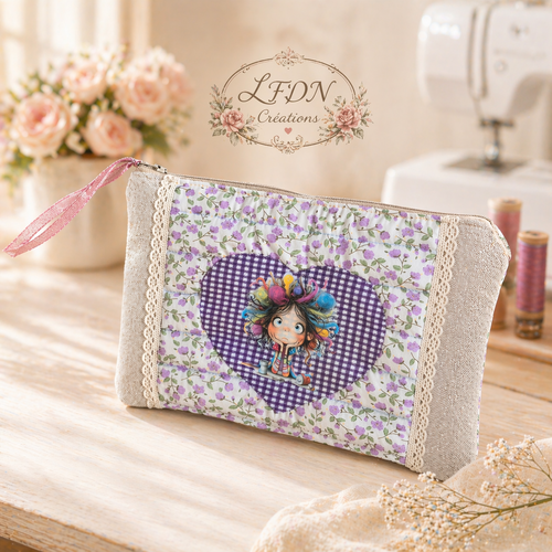 Trousse maquillage matelassée fleurie – pochette artisanale coton & lin, esprit romantique