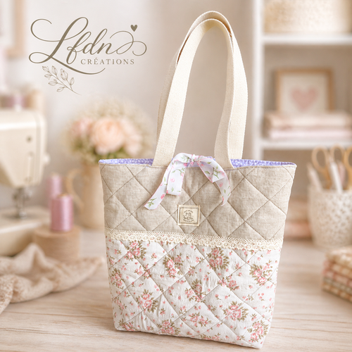 Sac cabas matelassé romantique fait main – coton & lin fleuri – pièce unique – sac femme bohème chic avec poche intérieure