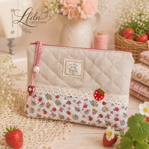Trousse de toilette matelassée fraise en coton lin – pochette artisanale romantique fait main
