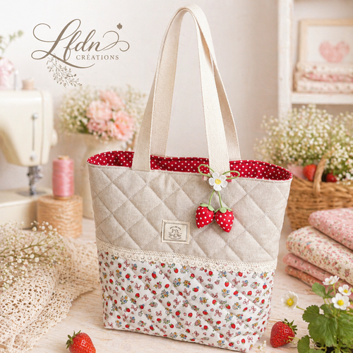 Sac cabas matelassé fraise en coton lin – grand tote bag artisanal romantique fait main