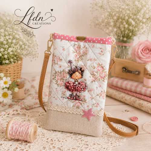 Pochette étui téléphone romantique shabby chic rose – sac portable matelassé fait main – bandoulière réglable & poche intérieure