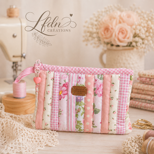Grande trousse matelassée patchwork rose – pochette artisanale printanière en coton fait main