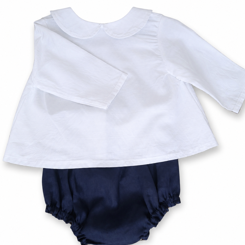 Ensemble bébé 6 mois  noha – blouse blanche à col claudine et bloomer bleu marine en lin