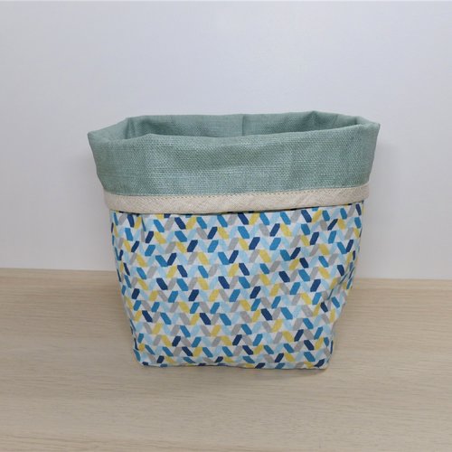 Panier de rangement vide poche réversible en lin enduit bleu canard et coton imprimé graphique