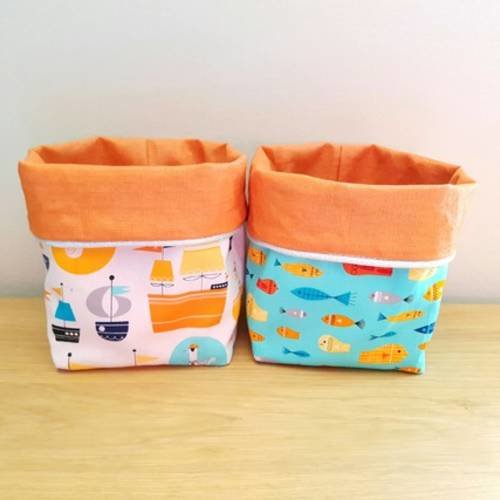 Duo de panières, paniers de rangement, corbeilles réversibles coton imprimé thème marin de designer