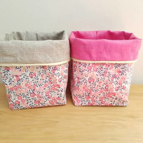 Duo de panier de rangement vide poche réversible en lin enduit et liberty wiltshire pois de senteur 